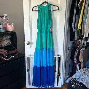 XS Beautiful blue and green halter dress with bow in the back